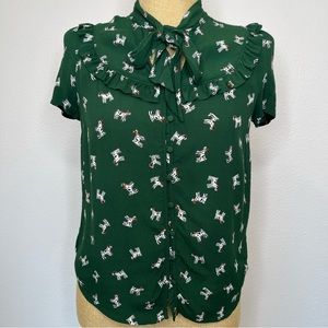 Anthropologie Mauve Adagio Green Dog Print Ruffled Blouse Size Small